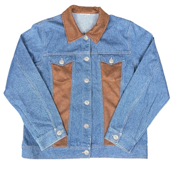 Vintage 1970s Western Denim Jacket Tooled Leather Panels‎ Ornate Buttons